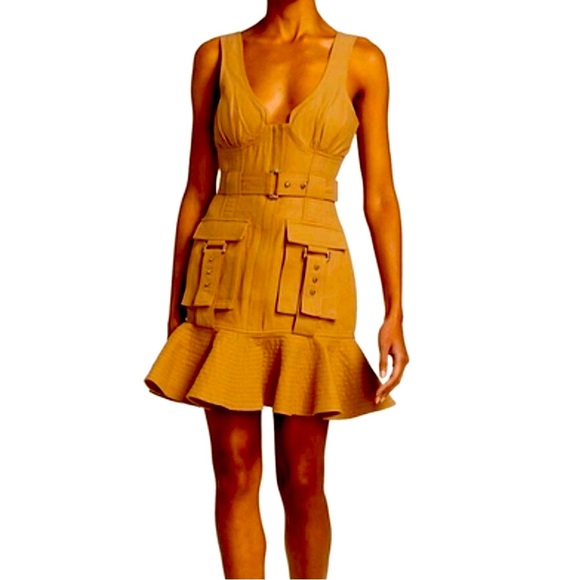 ACLER Vermont Flounce Hemdress Tan Bodycon with Gold Hardware, only worn 1 x - Picture 4 of 15
